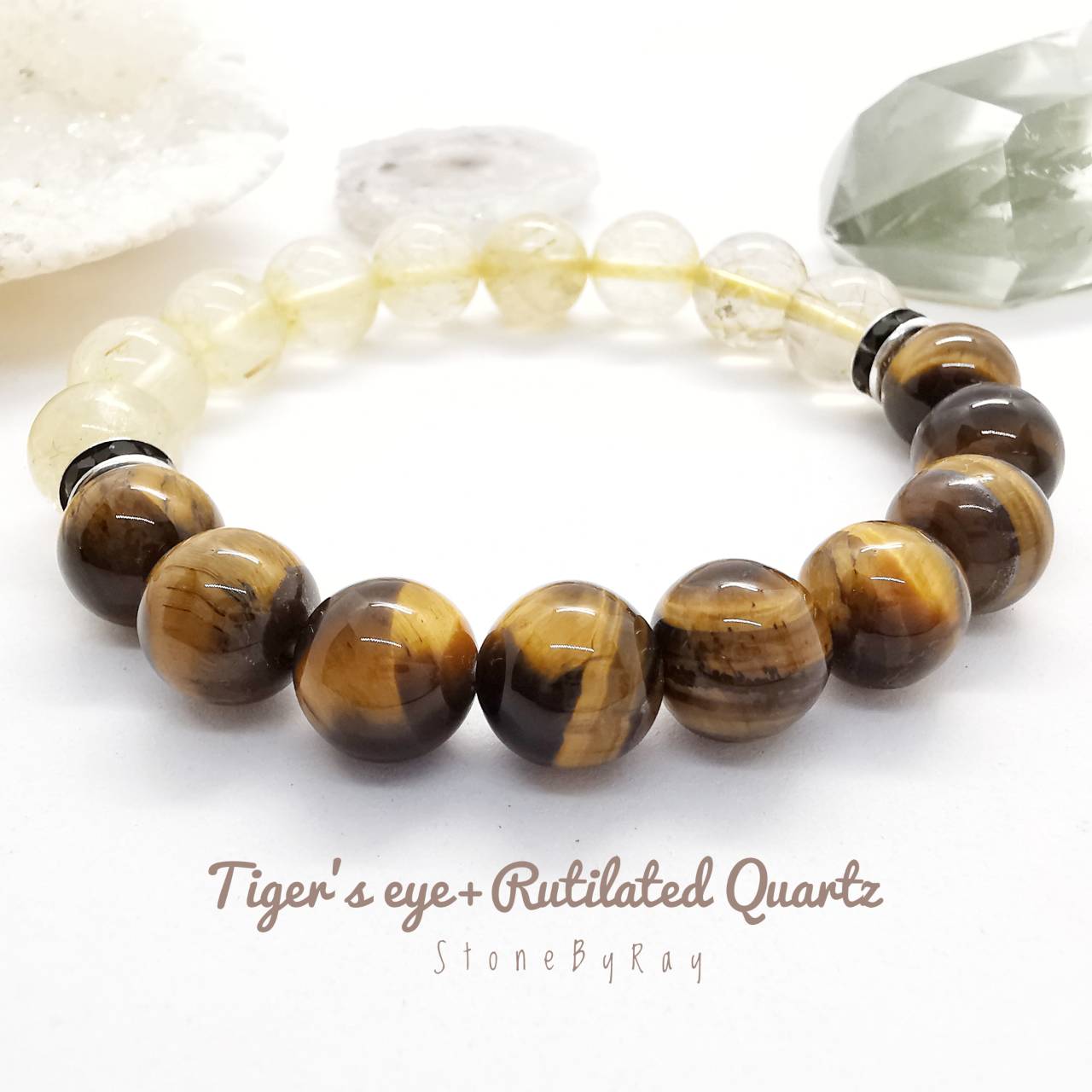 สร้อยข้อมือหินตาเสือร้อยกับหินไหมทอง Tiger's eye+Rutilated Quartz