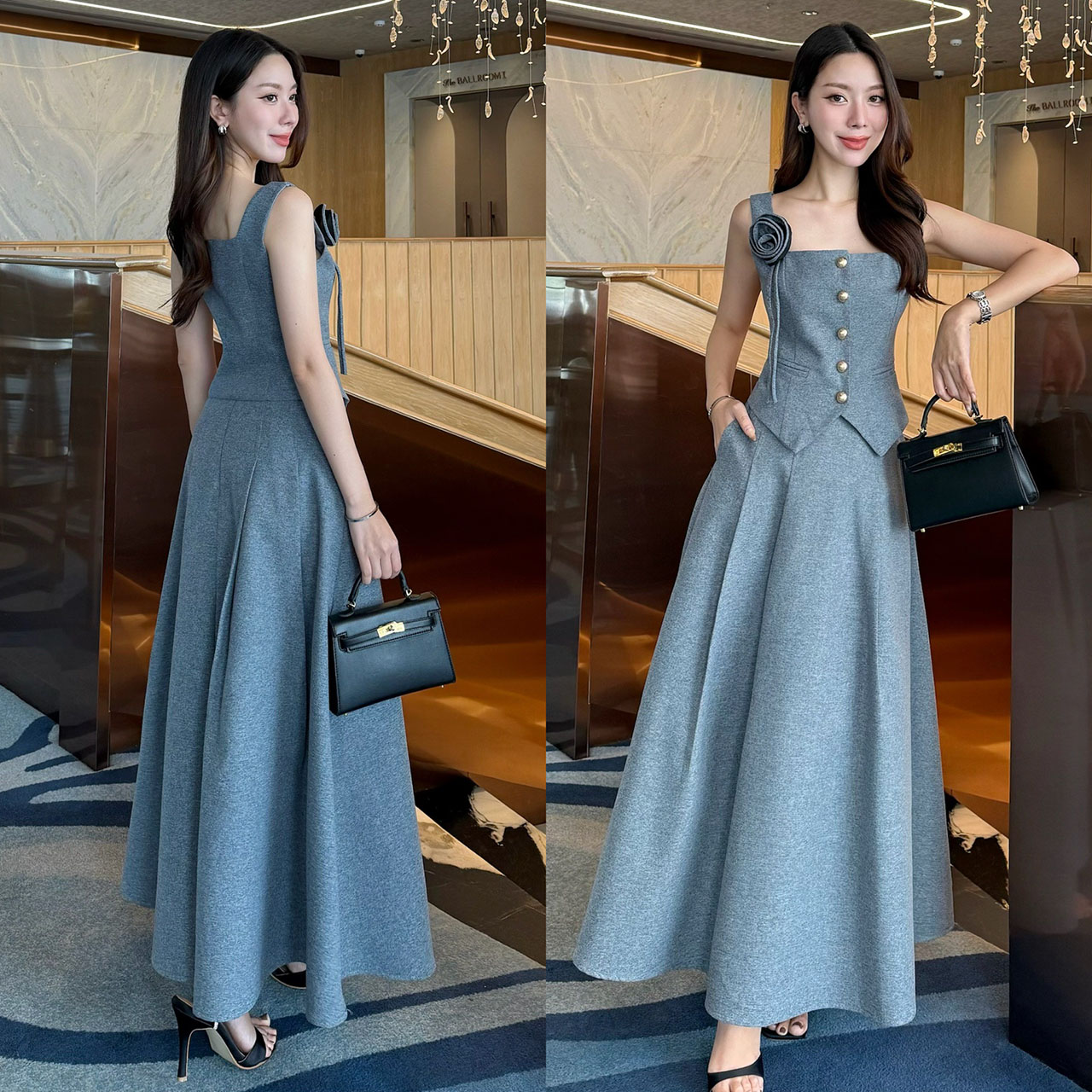 kudapy Set 3 ชิ้น : เสื้อแขนกุด+กระโปรง+เข็มกลัดดอกไม้ เซ็ทเสื้อแขนกุดมาพร้อมกระโปรงยาวทรงปล่อย เสื้อเป็นกระดุมจริง ตกแต่งกระเป๋าหลอกด้านหน้าซ้ายขวา