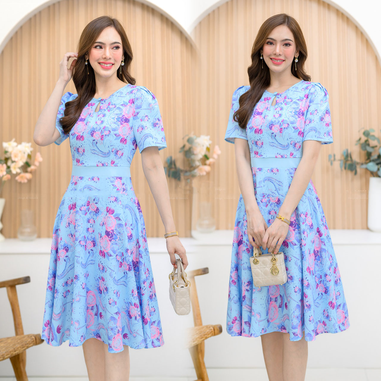 kudapy เดรสผ้าKnit polyester fabric ทางเอ แขนสั้นคอกลม ผ้าพิมพ์ลานดอกสวยงามทันสมัย