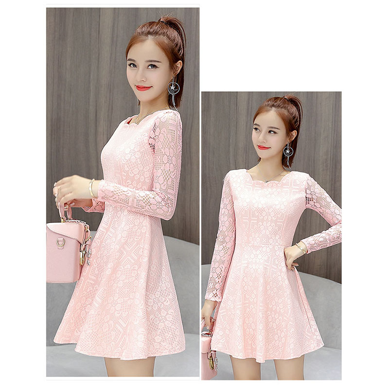 kudapy ชุดเดรสสั้นสีขาว,สีชมพู,สีฟ้า,สีแดง แฟชั่นแขนยาวแต่งคอหยักซิปหลัง ทรงสวมปลายบานพริ้ว