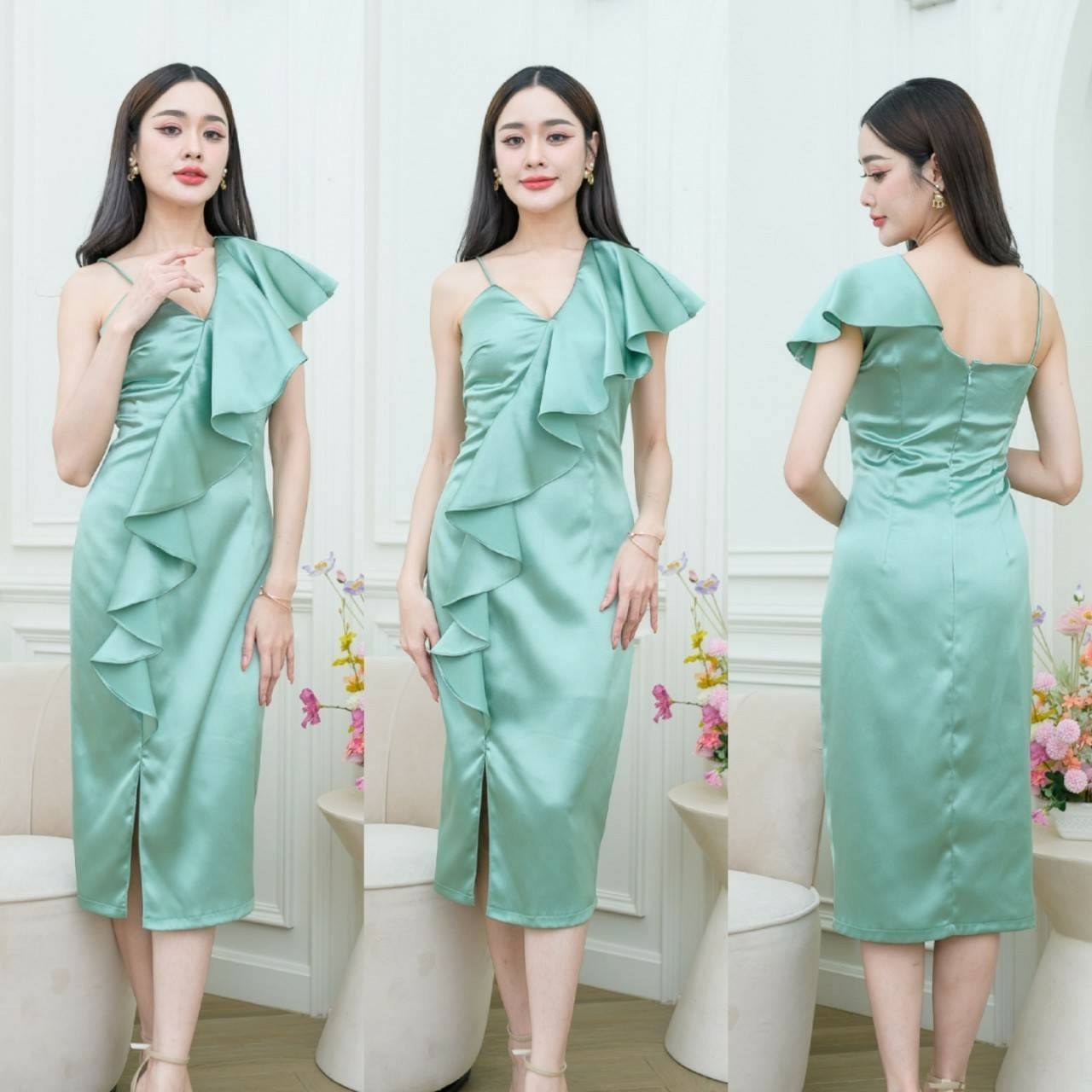 kudapy เดรสออกงานไหล่เดี่ยว แต่งระบาย เดรสสั้นใส่ออกงาน