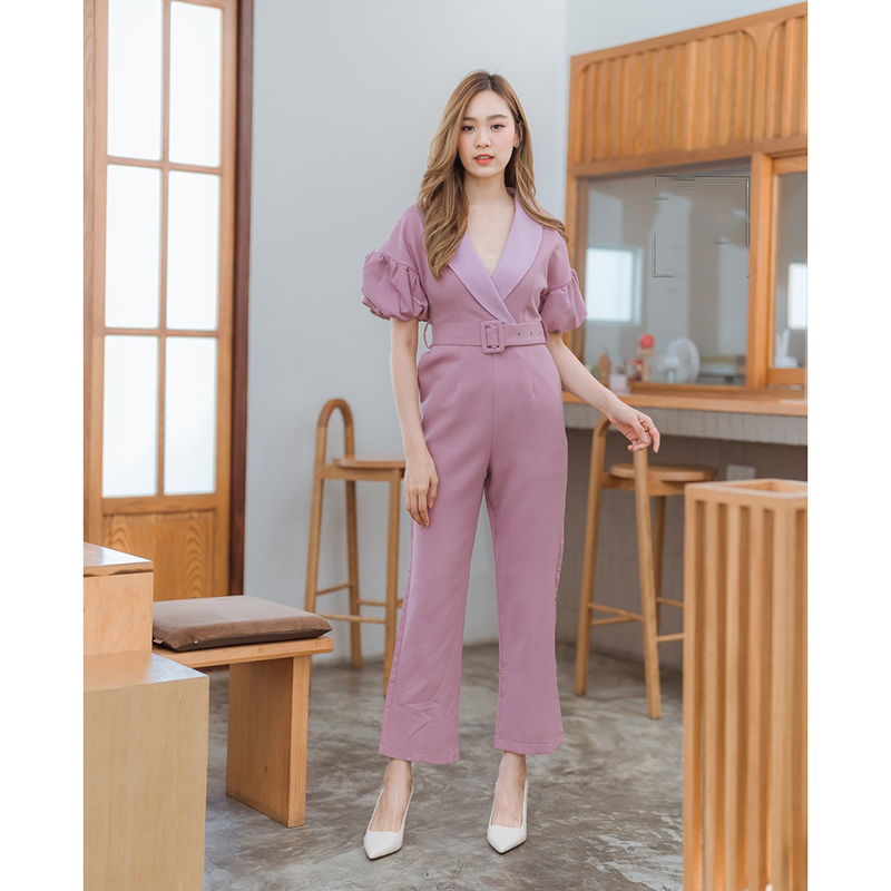 kudapy จั้มสูทขายาวสีชมพู/สีน้ำตาล คอปกแขนตุ๊กตากางเกงขายาวบาน
