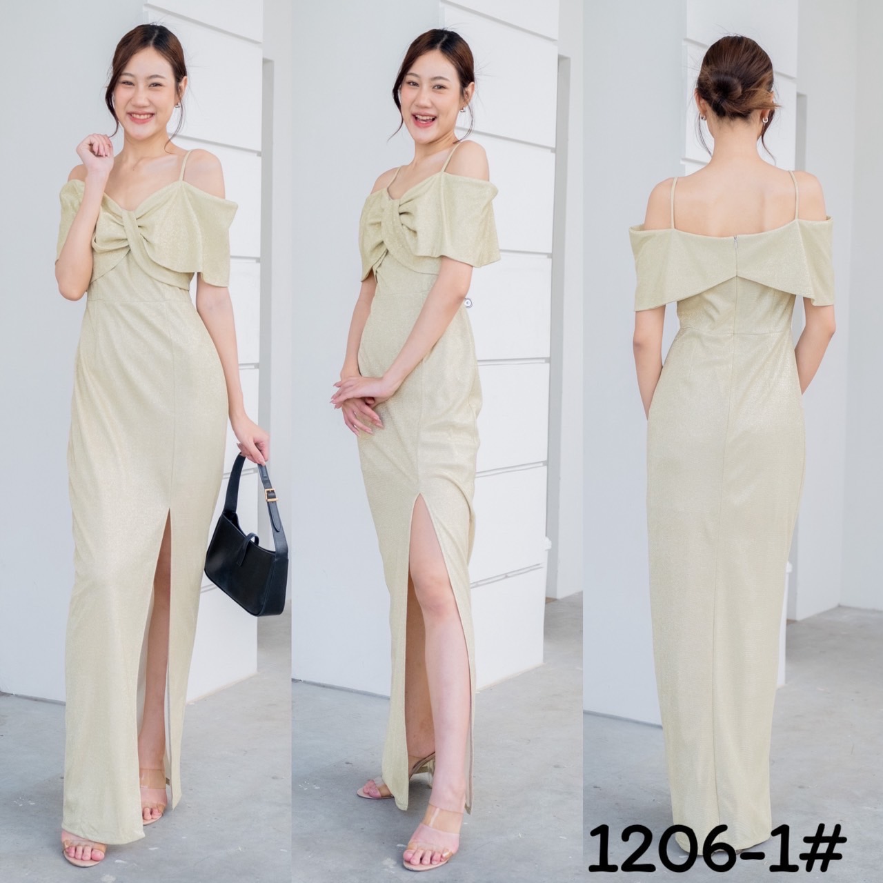 kudapy เดรสยาว ผ้าดัชเชสอัดกาว เปิดบ่าจับบิดทวิชไขว้อก มีสายคล้องบ่า กระโปรงทรงสอบ ผ่าหน้าขา sexy