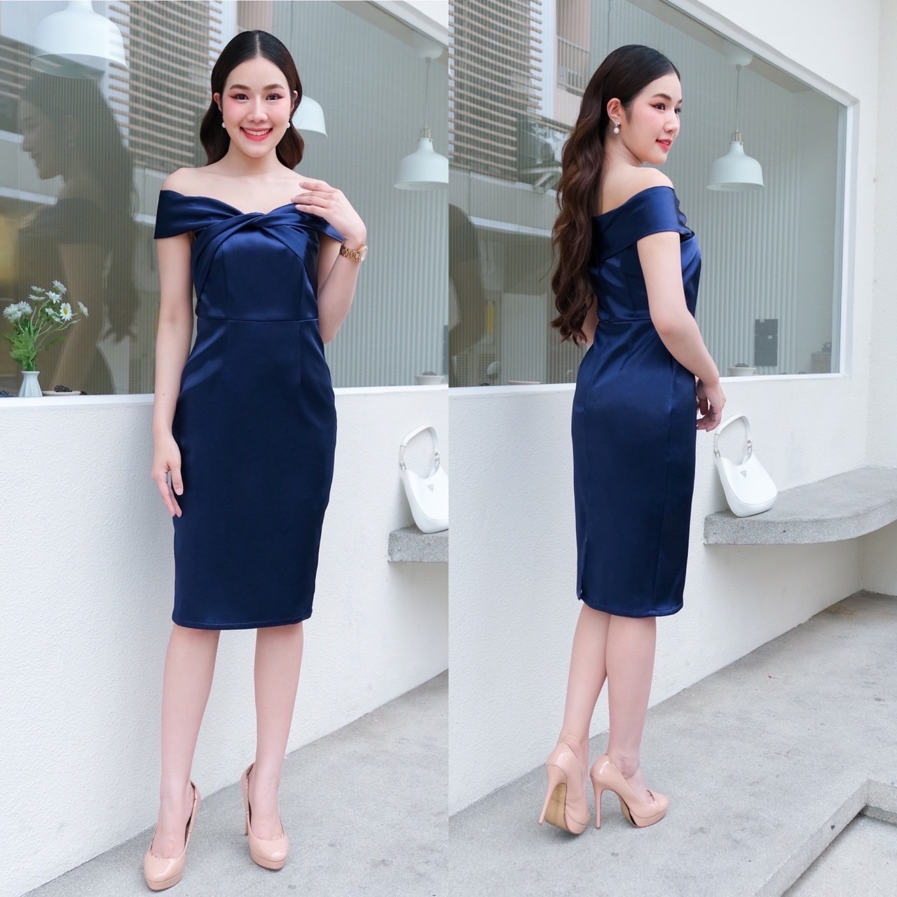 kudapy เดรสสั้นสีกรม/สีฟ้า/สีชมพูกลีบบัว/ สีแดง เปิดบ่าทวิชอก กระโปรงสอบ ซิปหลังใส่ง่าย เนื้อผ้าดัชเชสอัดกาว