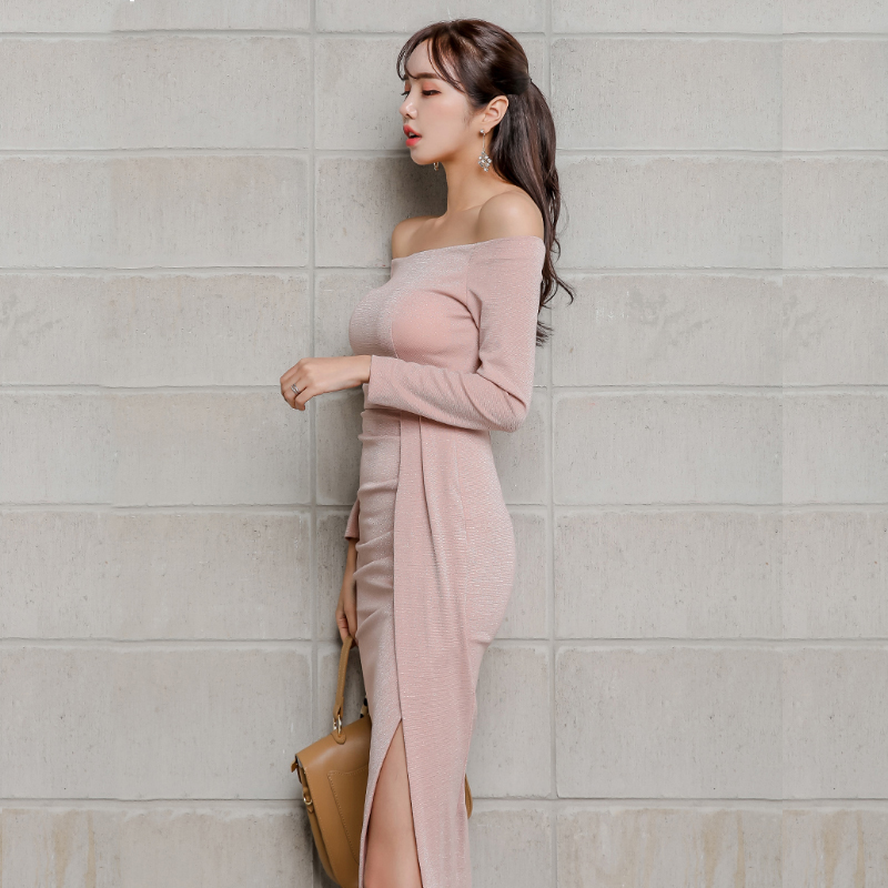 kudapy เดรสออกงานสีชมพูนู๊ด เปิดไหล่ ผ้ากำมะหยี่คอตตอน ทรงดินสอเอวปานกลาง งานตัดเย็บคุณภาพเกาหลี