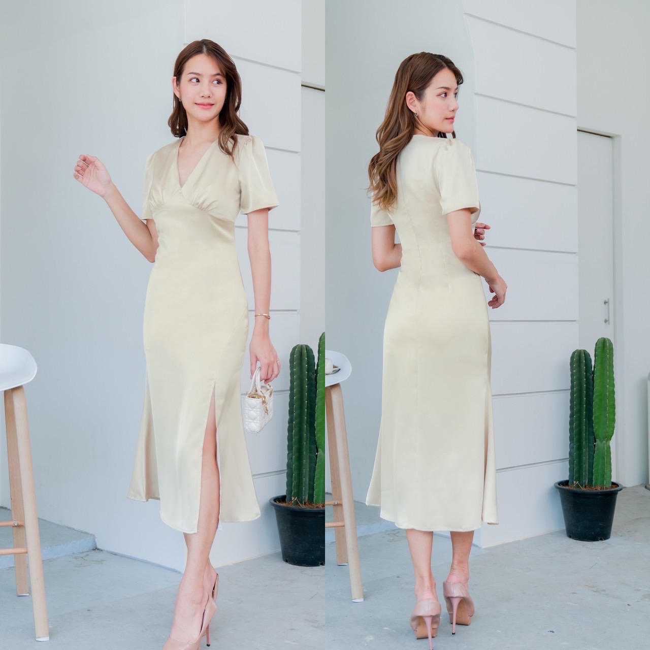 kudapy เดรสยาวสีชมพู ครีมแชมเปญ นำ้ตาล กรมท่า เหลืองมะนาว แขนสั้น เครปซาติน คอวี จีบใต้อก ตีเกร็ดเอว กระโปรงทรงทรงเอ