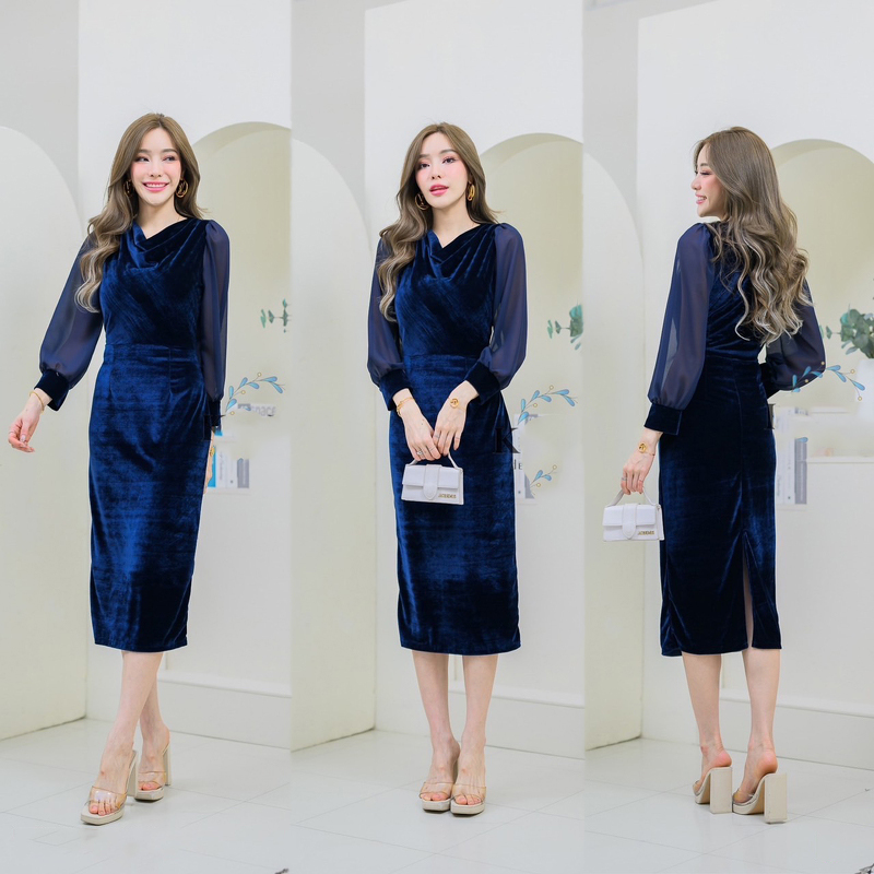 kudapy เดรสสี/สีกรม/สีแดง/สีเขียว กำมะหยี่ แขนยาวแต่งแขนชีฟอง คอถ่วงผ่าหลังเรียบหรู ไฮโซและให้ลุคกึ่งทางการ