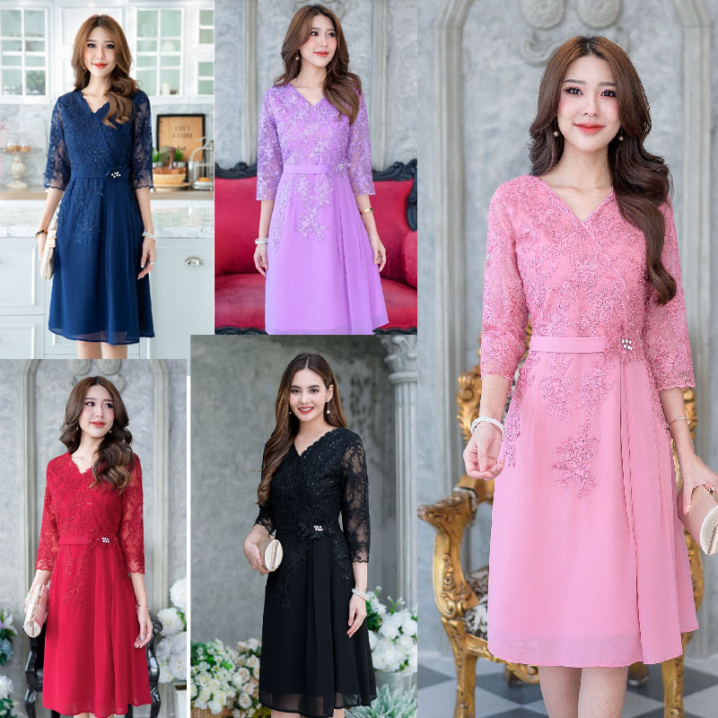 kudapy เดรสสั้นสีม่วง/สีดำ/สีแดง/สีกรม/สีชมพู ลูกไม้ปักเกรดพรีเมี่ยมสวยหรูตกแต่งเลื่อมทั้งตัว ช่วงกระโปรงเป็นผ้า chiffon พริ้วสวย