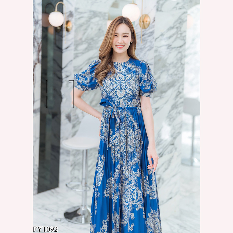 kudapy เดรสยาวสีชมพู/สีกรม กระโปรงอัดพลีทลายโรมัน+เชือก