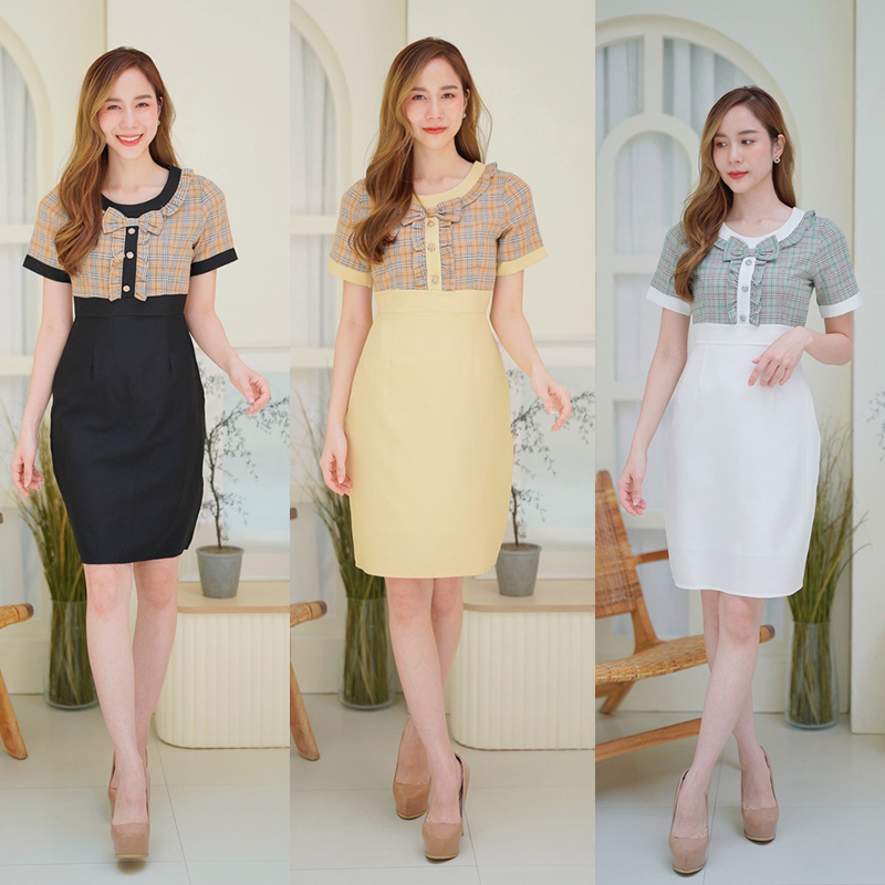 kudapy เดรสสั้นสีขาว/สีเหลือง/สีดำ เดรสทำงานลายสก็อตมีกระดุมกลางอก