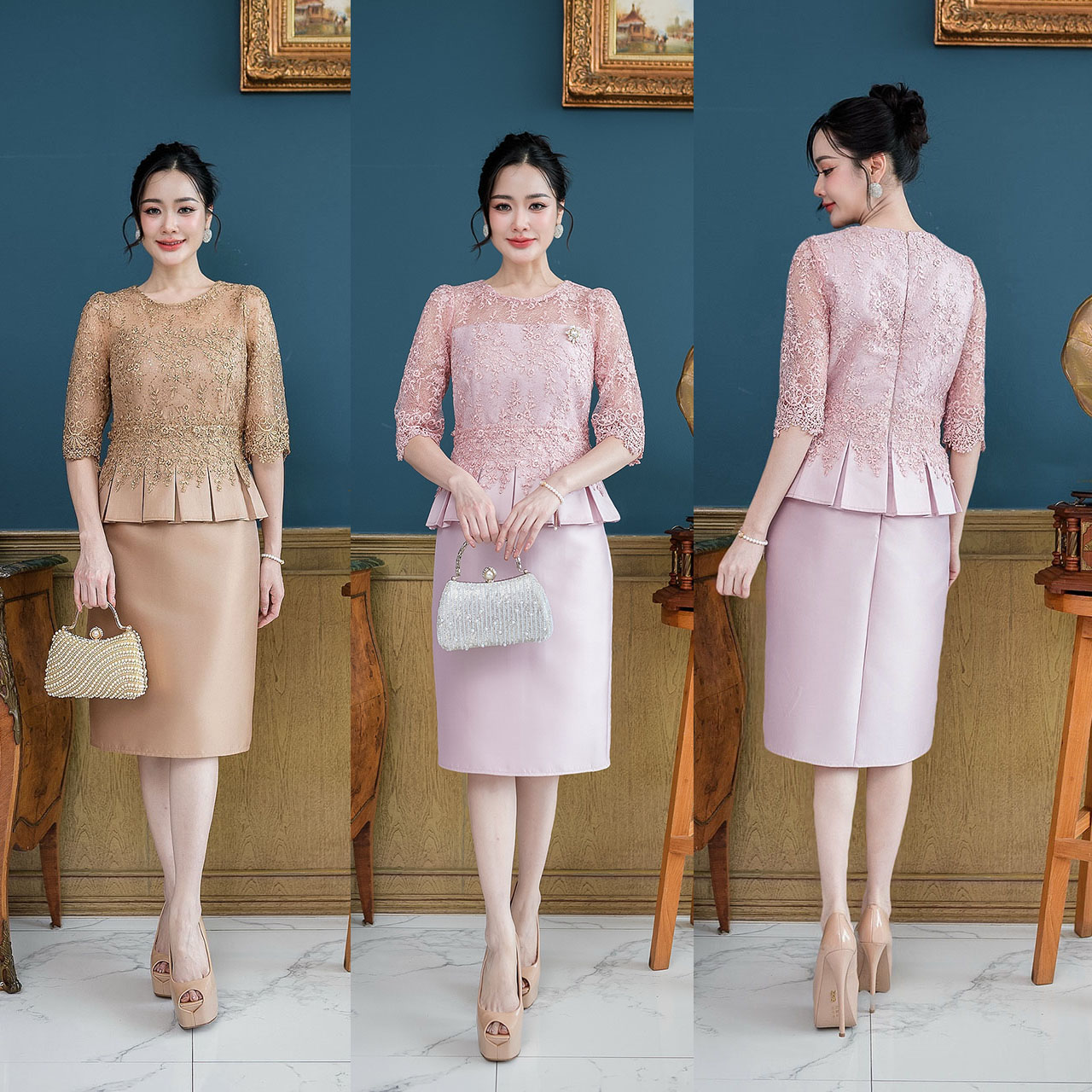 kudapy เดรสผ้าไหม ผสมผสานงานผ้าลูกไม้ใยบวบ ตัวเสื้อเป็นทรงแขนศอก อกซีทรู งานจับจีบทวิสรอบเอวแต่งด้วยลูกไม้ชิ้นเล็ก