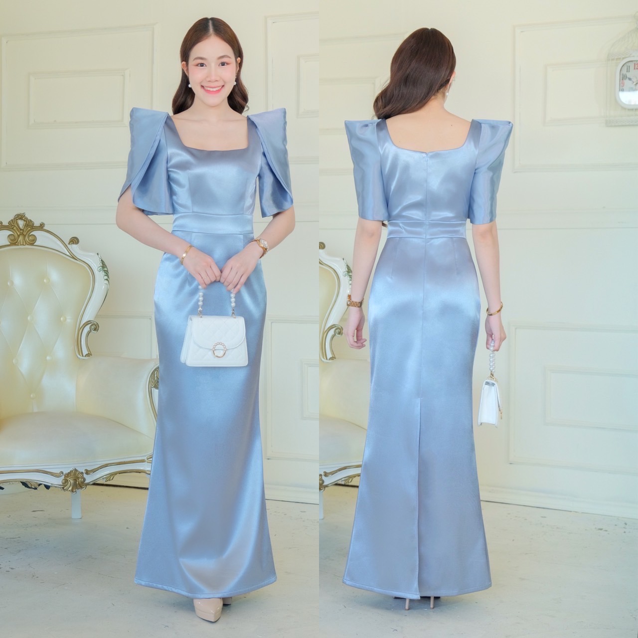 kudapy เดรสราตรียาว แขนสั้น ดีเทลแขนกลีบดอกไม้สองชั้น คอเหลี่ยม กระโปรงหางปลา ซิปหลังใส่ง่าย