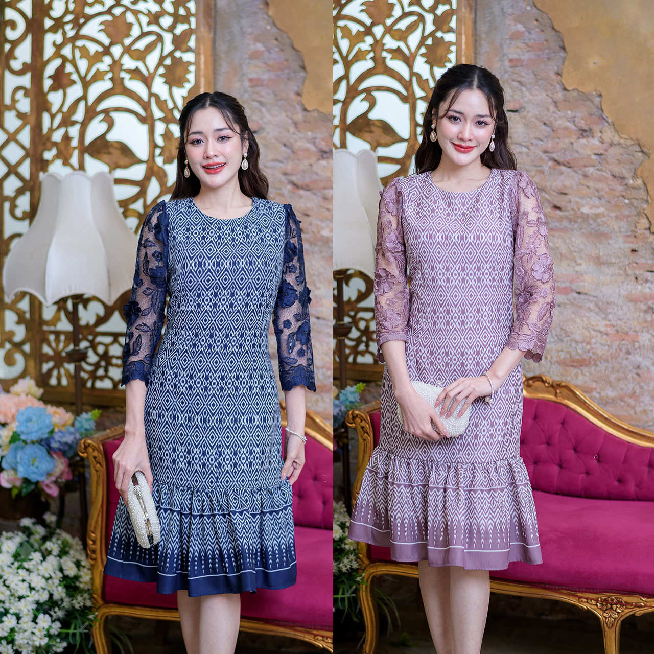 kudapy เดรสสั้นสีกรม/สีม่วง ลายไทยผสมผสานผ้าลูกไม้ ช่วงแขนเป็นงานลูกไม้พรีเมี่ยมดอกลอยแถมมีเลื่อมหรูหรา