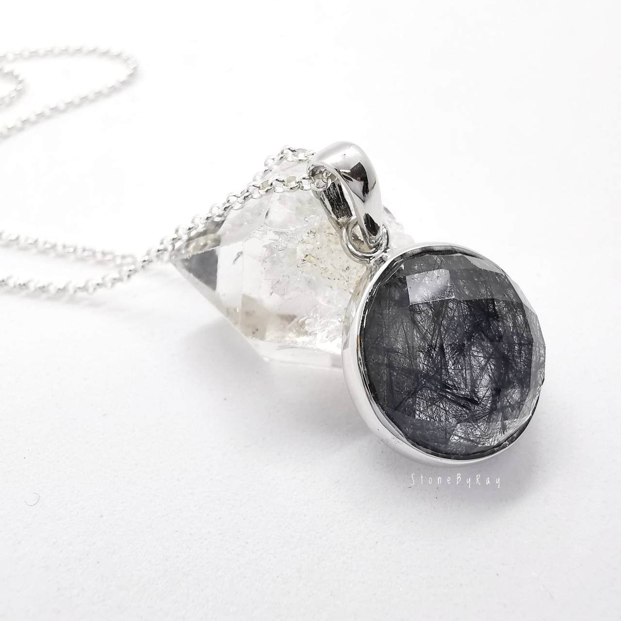 สร้อยคอเงินจี้หินไหมดำ Black Tourmaline Quartz