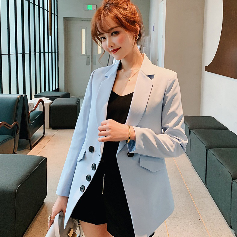 เสื้อสูทสีฟ้า คอปก กระดุมหน้าสีดำ สไตล์สาวเท่ห้ามพลาด สวยๆๆ ใส่วันแม่คะ