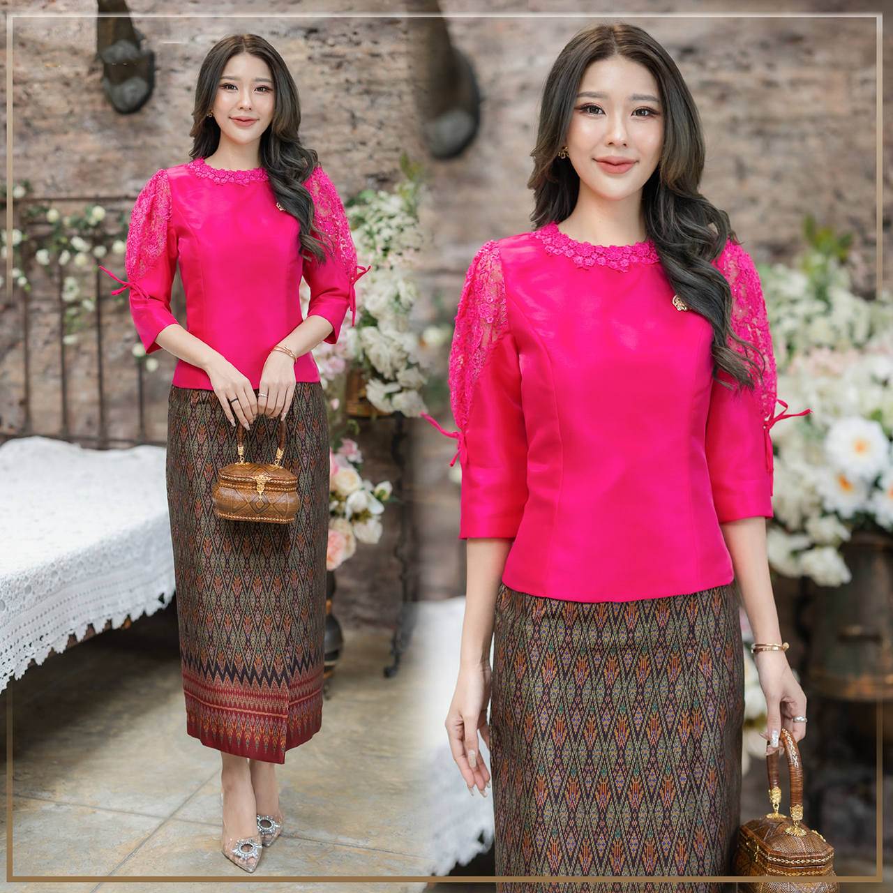 kudapy เสื้อผ้าพื้นไหมจิตรลดาแต่งลูกไม้สามมิติดอกลอยลูกไม้ที่ใช้พรีเมี่ยมทรงแขนบอลลูนมีเชือกผูก (เฉพาะเสื้อ)