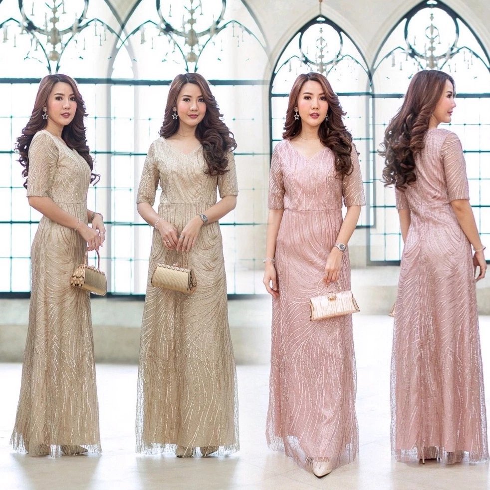 kudapy เดรสออกงานราตรียาวสุดอลังการ ผ้าเป็นผ้าปักเส้นด้ายกริ้ตเตอร์ ผสมเลื่อมกากเพชร