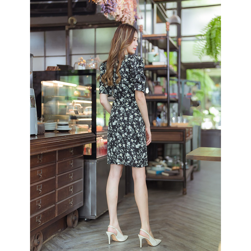 kudapy เดรสสั้นสีชมพู/สีดำ/สีเเหลือง เดรสทำงานทรงสูทลายดอก