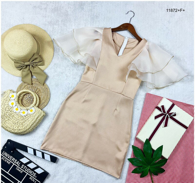 kudapy เดรสสีพื้นผ้าซาร่า แขนผาแก้วระบาย 2 ชั้น มีซิหลัง ดีเทลสวย ใส่ได้หลายโอกาส ใส่สบาย