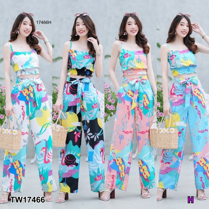 kudapy Set 2 ชิ้น เสื้อครอปสายเดี่ยว + กางเกงขายาว ลายซัมเมอร์กราฟฟิก