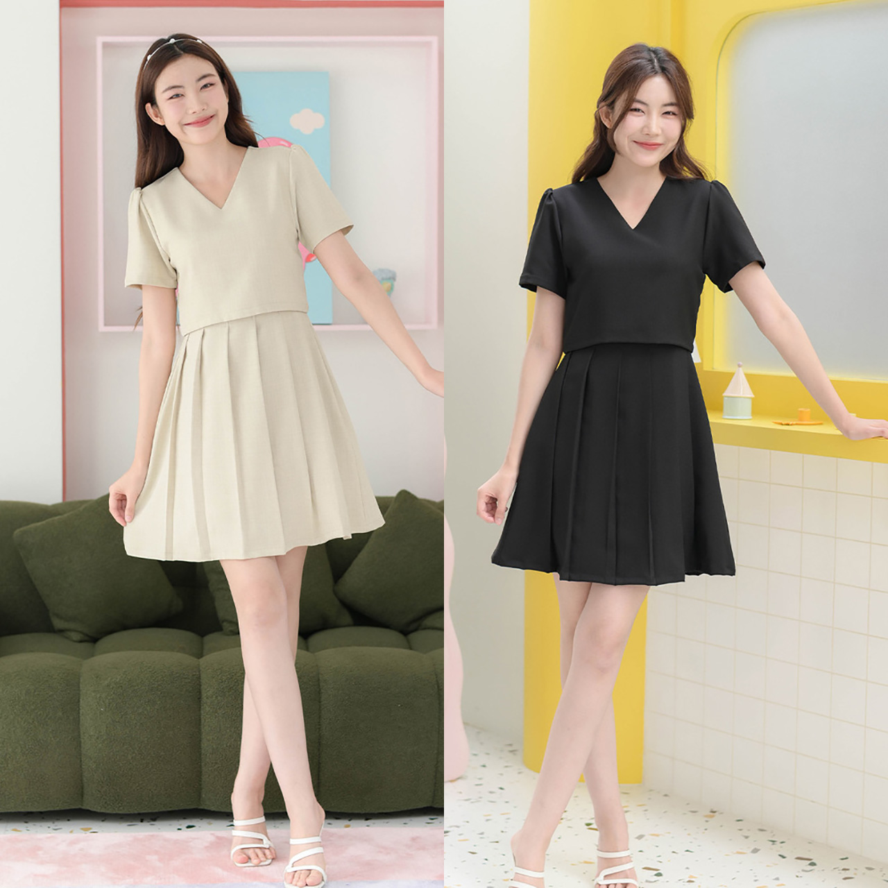 kudapy เดรสแขนสั้นคอวี สีดำ/สีนูทครีม ตัดต่อกระโปรงพลีทจับจีบใหญ่น่ารัก ทรงสวยเข้าเอว ผ้าเนื้อนิ่มรีดง่าย