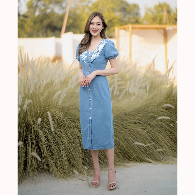 kudapy เดรสยีนส์ยาวสีกรม/สีฟ้า คอปกแต่งลูกไม้ กระดุมหน้า ใส่สบายสวยดูดี