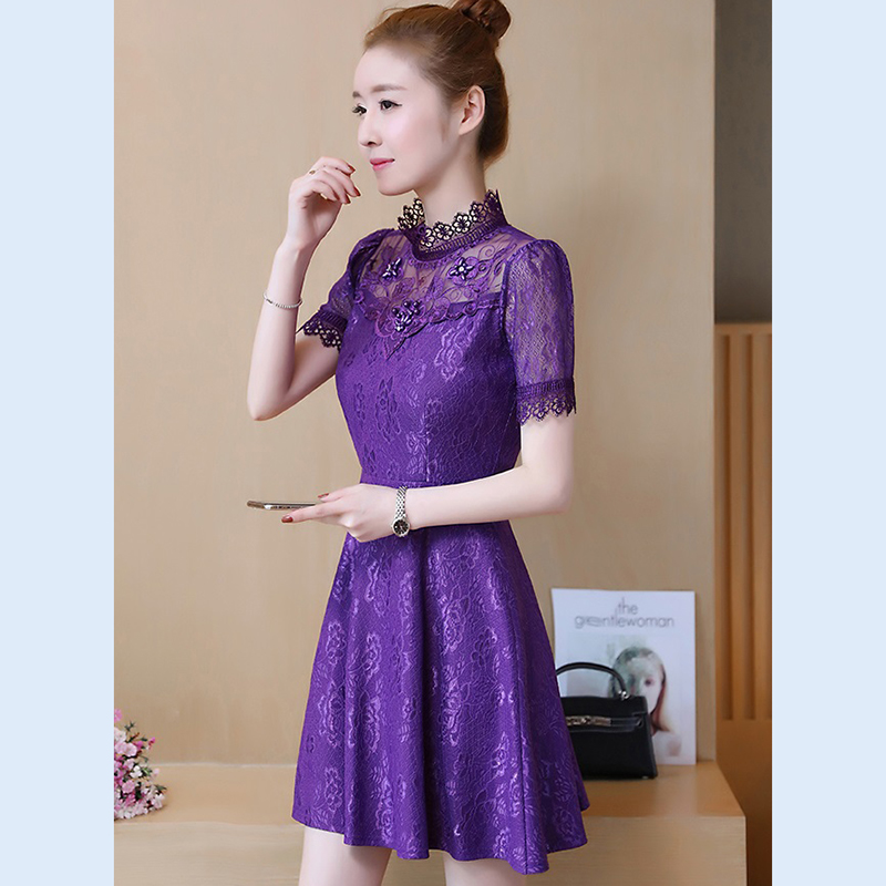 kudapy เดรสสั้นลูกไม้คอปีนสีม่วง/สีส้มโอรส เดรสลูกไม้เนื้อนิ่มใส่สบาย มีซับใน ซิบหลัง แขนสั้น