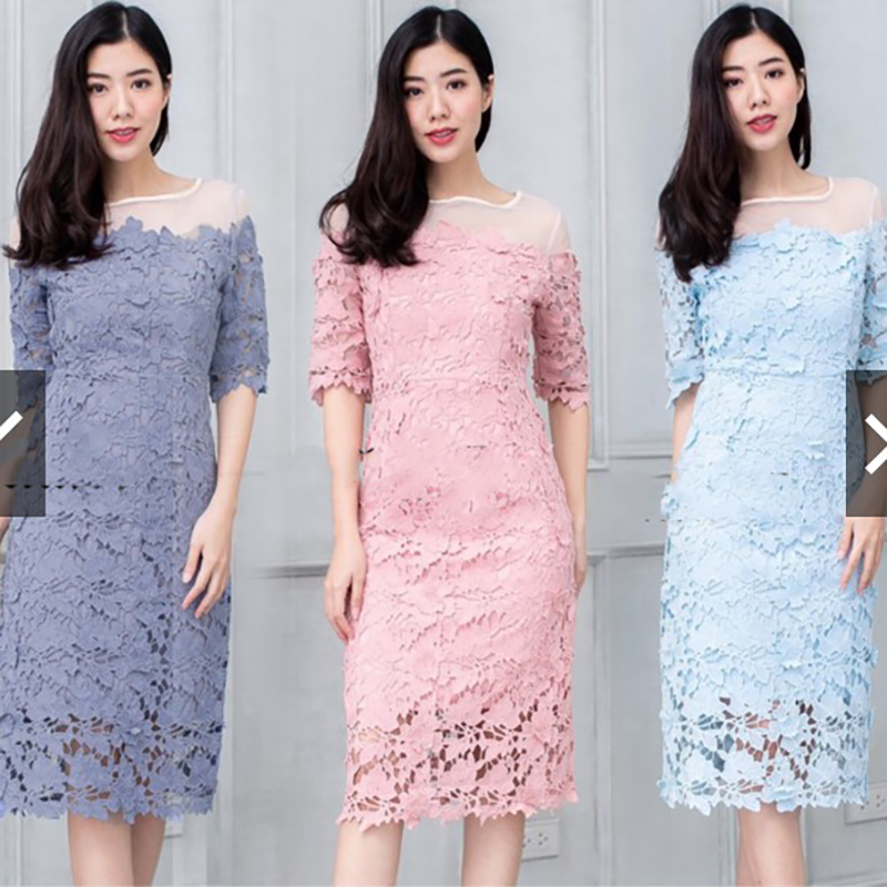 kudapy เดรสลูกไม้สีฟ้าคราม/สีฟ้า/สีชมพูกลีบบัว แขนสามส่วน ไหล่ซีทรูผ้าไหมแก้ว ผ้าลูกไม้