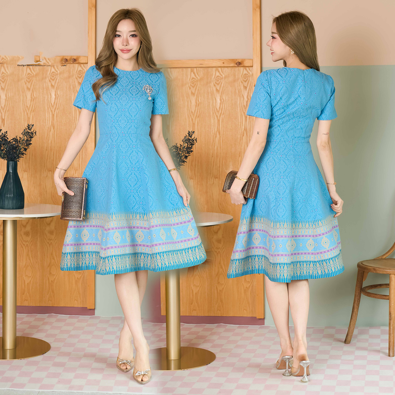 kudapy เดรสสั้นสีฟ้า/สีม่วง ผ้าฝ้ายทอลายไหมอุตรดิตถ์ แต่งกระโปรงย้วย detail ชายระบายต่อเชิงสวยงาม