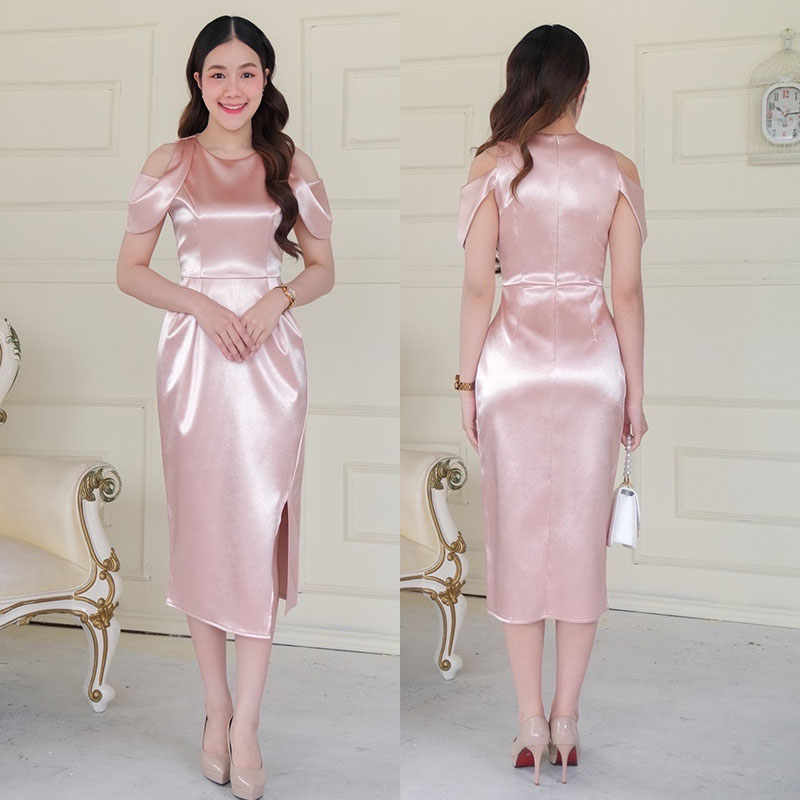 kudapy kudapy เดรสสั้นสีทองโรสโกลด์/สีชมพูพิ้งโกลด์ คอกลม แขนสั้น เว้าบ่า เกาหลีมากแม๊ คัตติ้งเริศแบบอลัง กระโปรงทรงทิวลิปผ่าข้าง