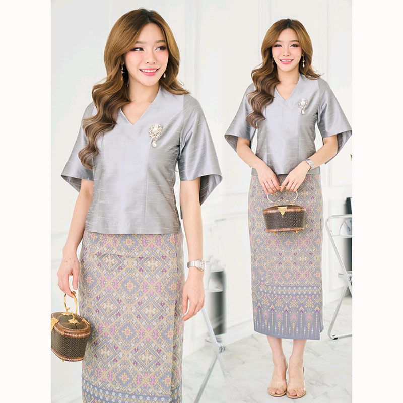 kudapy ชุดเซ็ทเสื้อผ้าไหมแพรทิพย์ สีเทา+ผ้าถุงผ้าฝ้ายทอลายแพรวากาฬสินธุ์