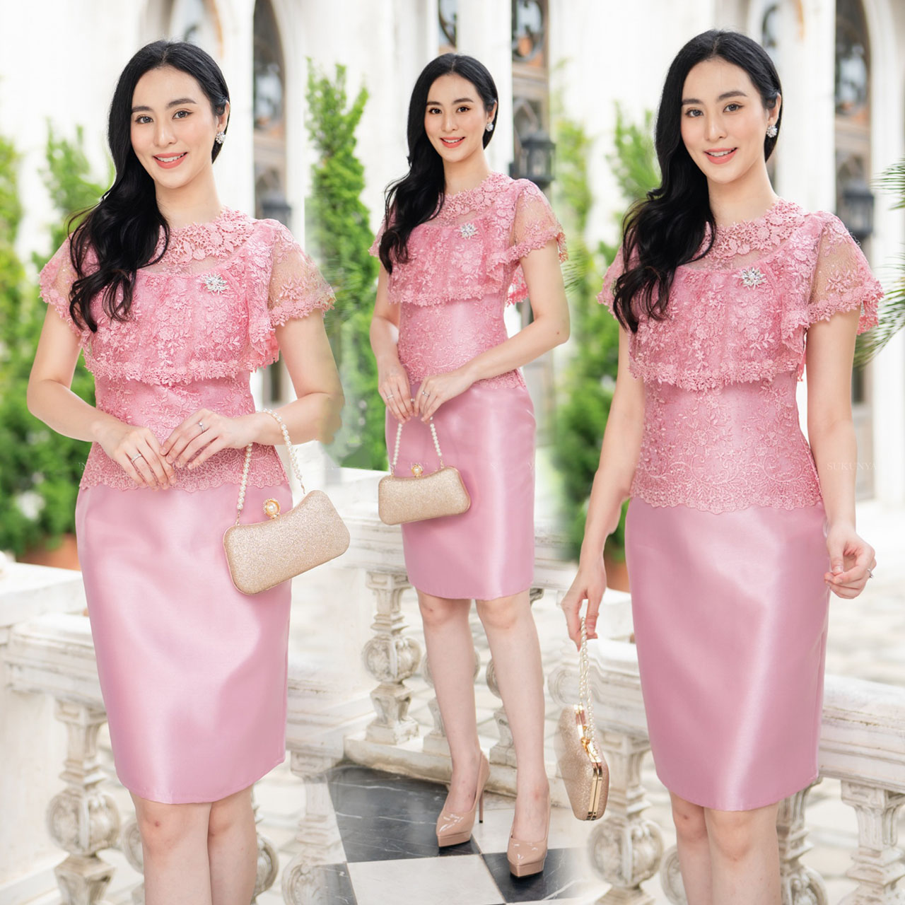 kudapy เดรสผ้าไหมญี่นงานอัดกาวทรงสอบ ตัวเสื้อด้านบนลูกไม้แต่งปัก ระบายช่วงตัวคอปาด