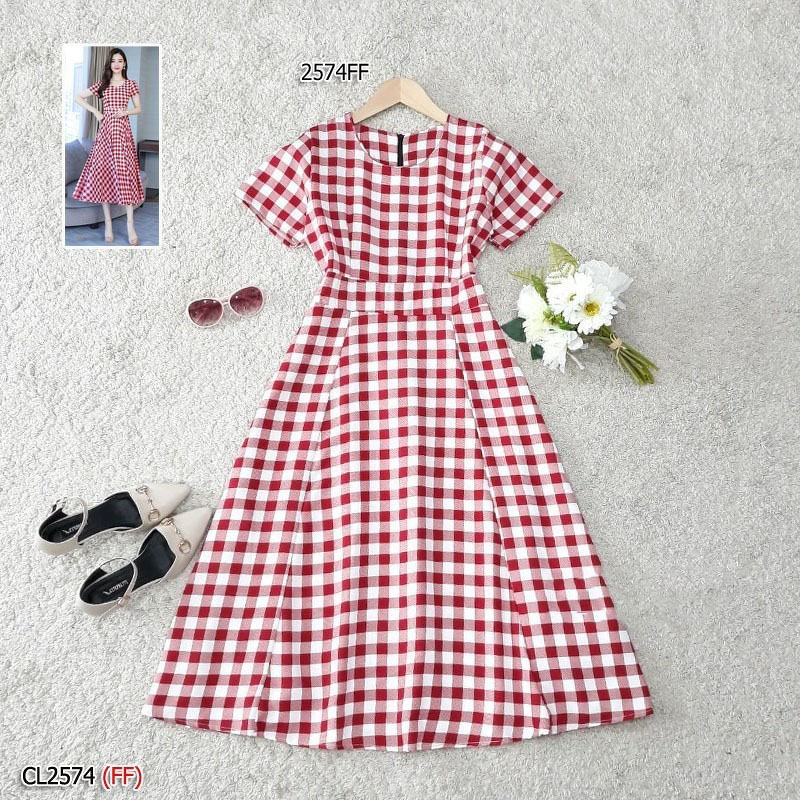 kudapy เดรสยาว/สีดำ/สีแดง/สีกรม ผ้าทอลายสก็อต แขนสั้น ชุดนี้ผ้าทอละเอียดเนื้อนิ่ม