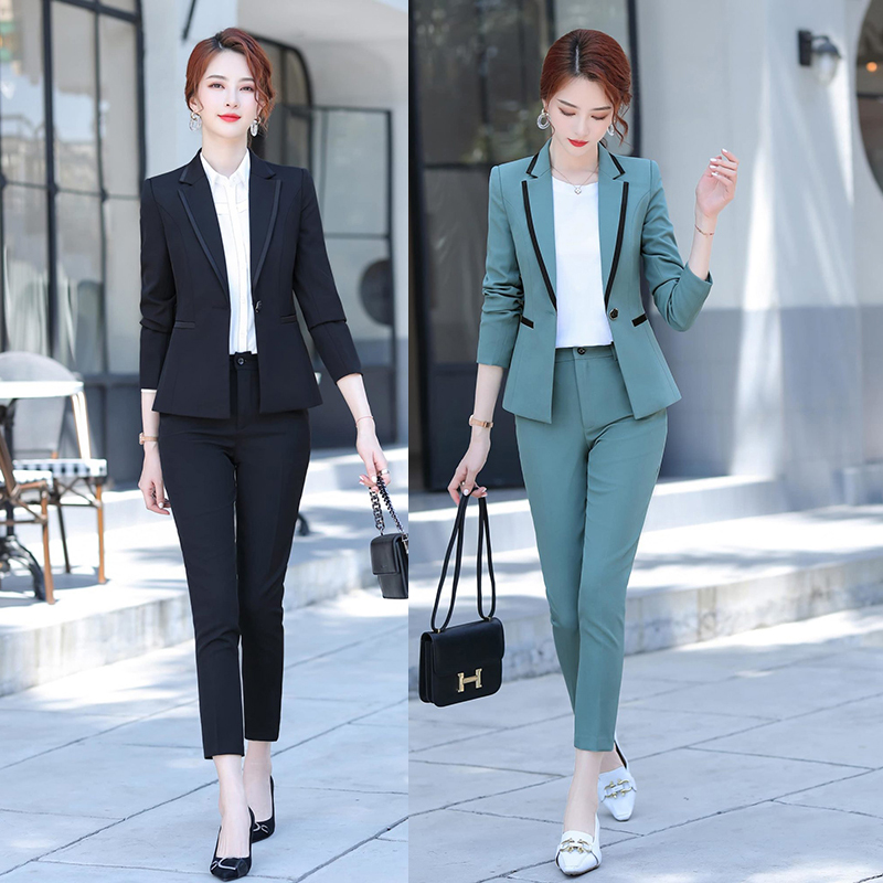 kudapy ชุดสูททำงานผู้หญิงสีฟ้าคราม/สีดำ แต่งขอบดำ สีสุภาพเรียบง่าย
