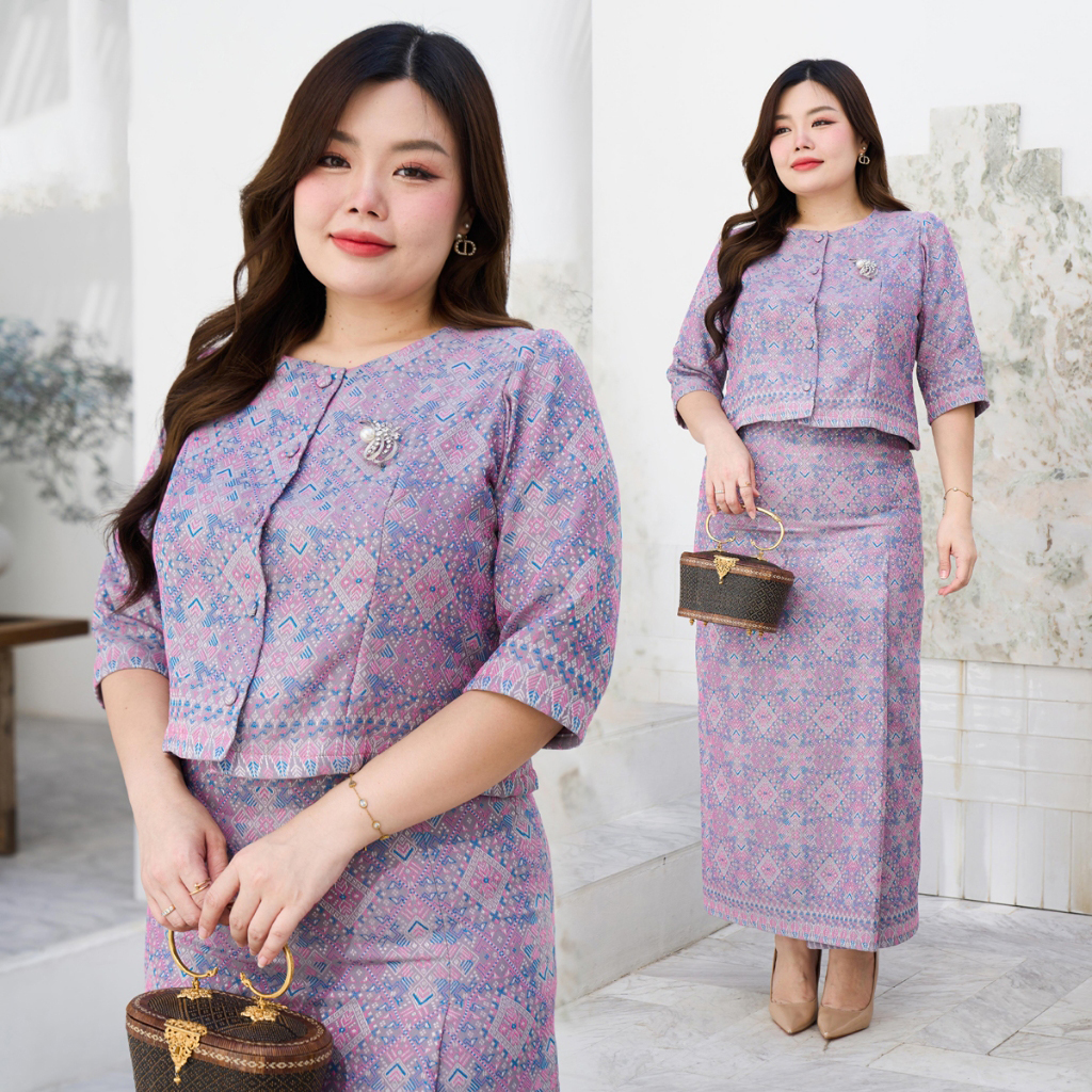 kudapy เซตออกงานสีม่วง คอกลมกระดุมหน้า แขนสามส่วน เสื้อผ้าไหม+ผ้าถุงทอลายกาฬสินทร์ ทบหน้า