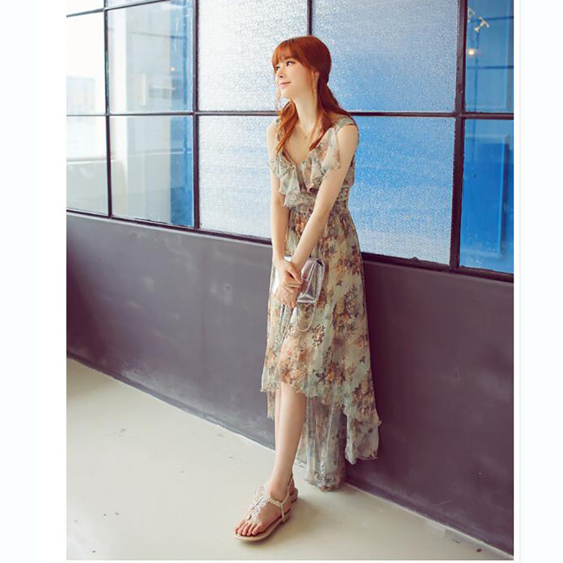 kudapy เดรสสั้น สีเขียว ผ้าชีฟองหน้าสั้นหลังยาว คอวีระบาย ลายดอกไม้น้ำตาลอมเหลือง สวยหวานดูดี