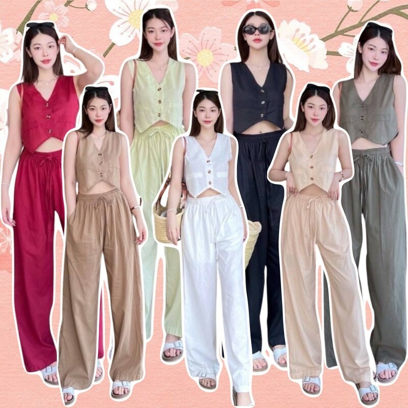 kudapy Set 2 ชิ้น เสื้อแขนกุด คอวี + กางเกงขายาว ออร่ามาแต่ไกล SUMMER นี้ ต้องมีใส่ไปทะเล