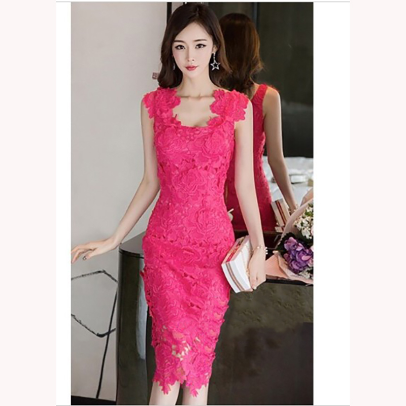 kudapy เดรสสั้นสีชมพูบานเย็น ลูกไม้ แขนกุดแต่งลูกไม้ตรงไหล่ ผ้าลูกไม้ลายดอกไม้สวยๆ ยืดหยุ่นได้เล็กน้อย ทรงเข้ารูป