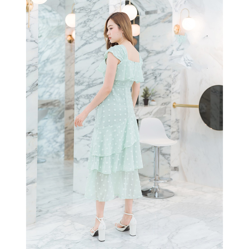 kudapy เดรสยาวสีชมพู/สีขาว/สีเขียว ชีฟองจุดอกระบาย