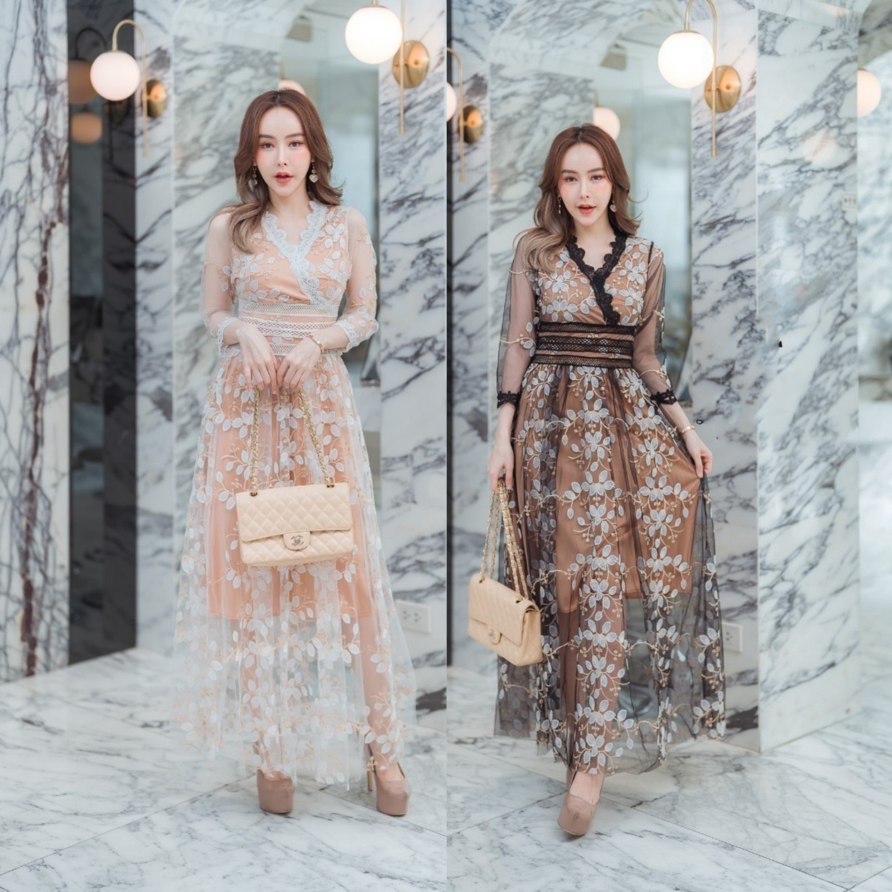 kudapy เดรสยาวสีดำ/สีครีม ลูกไม้ปักลาย ใสสวยดูดี