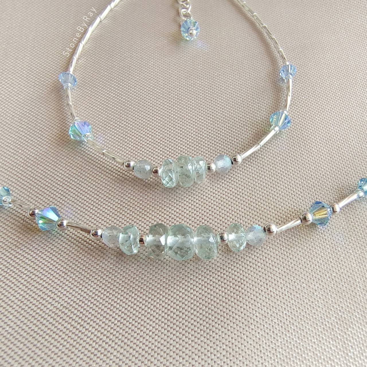 Setสร้อยคอเงินหินอความารีนเจียรเหลี่ยม Aquamarine