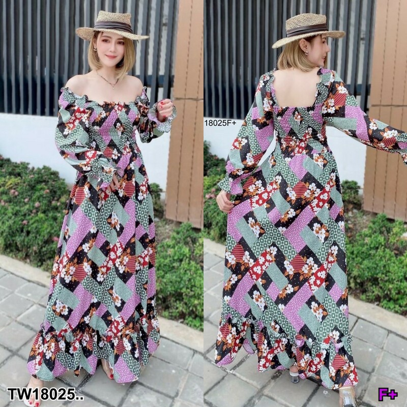 kudapy Maxi Dressแมกซี่เดรส คอเหลี่ยม แขนยาว ผ้าไหมเกาหลี พิมพ์ลายกราฟฟิกทั้งชุด