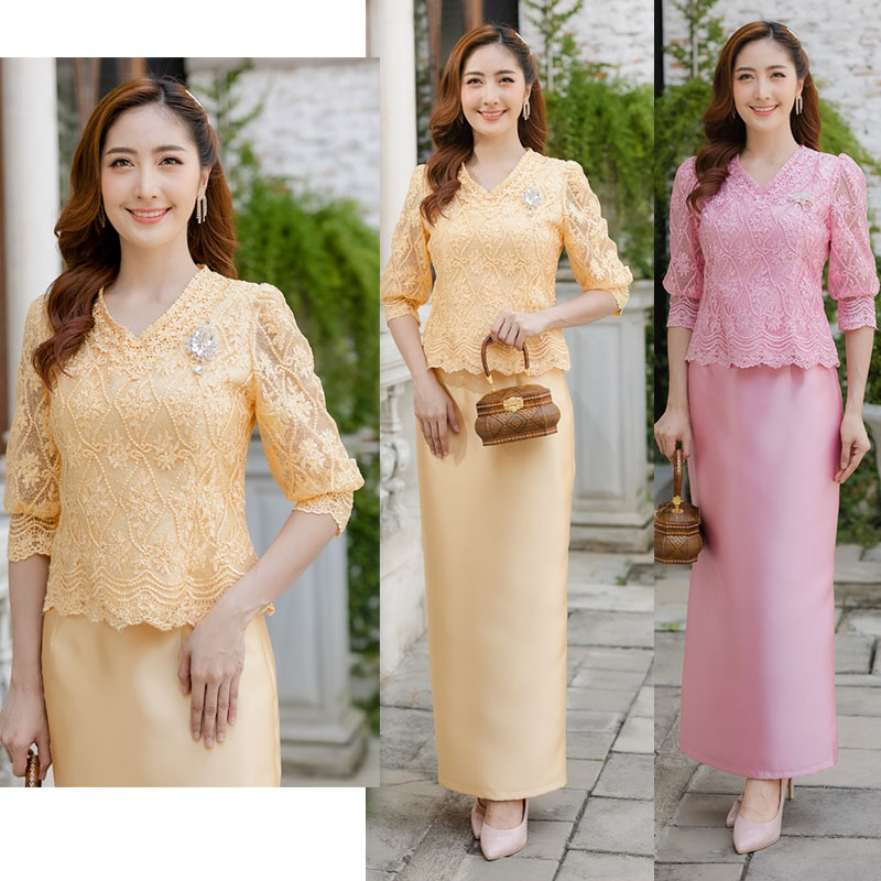 kudapy Setงาน 2ชิ้น (เสื้อ+กระโปรง) สีชมพูกลีบบัว / สีทอง ตัวเสื้อลูกไม้ใยบวบทอนูนคอวีเป็นชิปซ่อนแขนบอลลูนตัวแขนมีซับในผ้ามุงให้งานลูกไม้