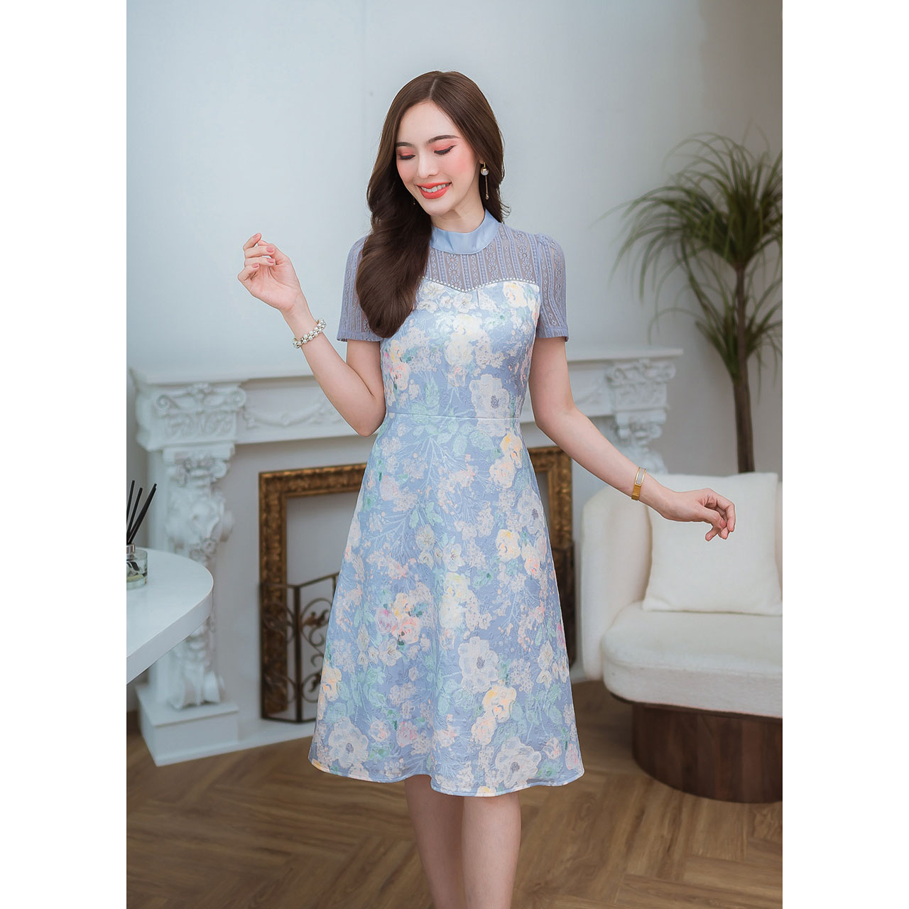 kudapy เดรสสั้นสีขาว/สีม่วง ผ้าทอเนื้อนุ่มพิมพ์ลาย เนื้อผ้าสวย มีเทคเจอร์ ใส่สบายสัมผัสนุ่ม