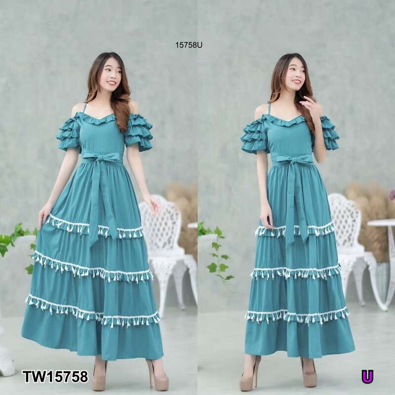 kudapy แม็กซี่เดรสสีชมพู ม่วง ม่วงอ่อน เขียว โอรสเข้ม สายเดี่ยวเว้าไหล่ แขน 2 ข้างระบายชั้น ผ้าไหมอิตาลี่ ระบายชั้นๆ