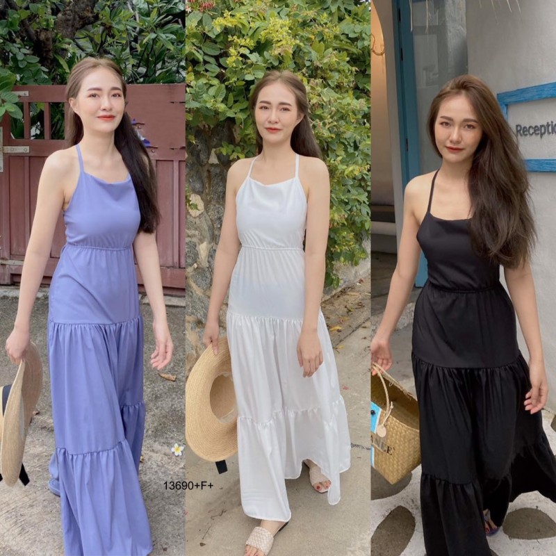 kudapy เดรสยาวร้อยเชือกหลังสีดำ,สีฟ้า ยางยืดรอบเอว เดรสแต่งระบายกระโปรงเป็นชั้นๆ เนื้อผ้า ไหมอิตาลี