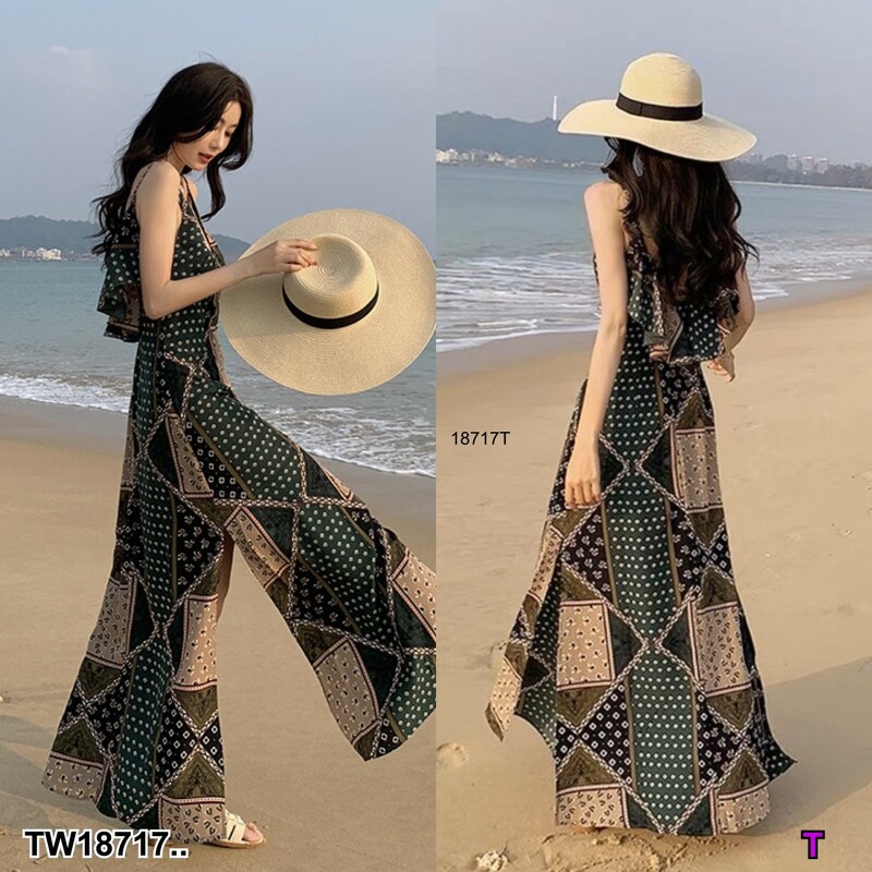 kudapy ชุดเดรสยาวสายเดี่ยวไปทะเล ผ่าด้านข้าง นวทะเลๆๆ ค่า ผ้ไหมอิตาลี่ พิมพ์ลายกราฟฟิก