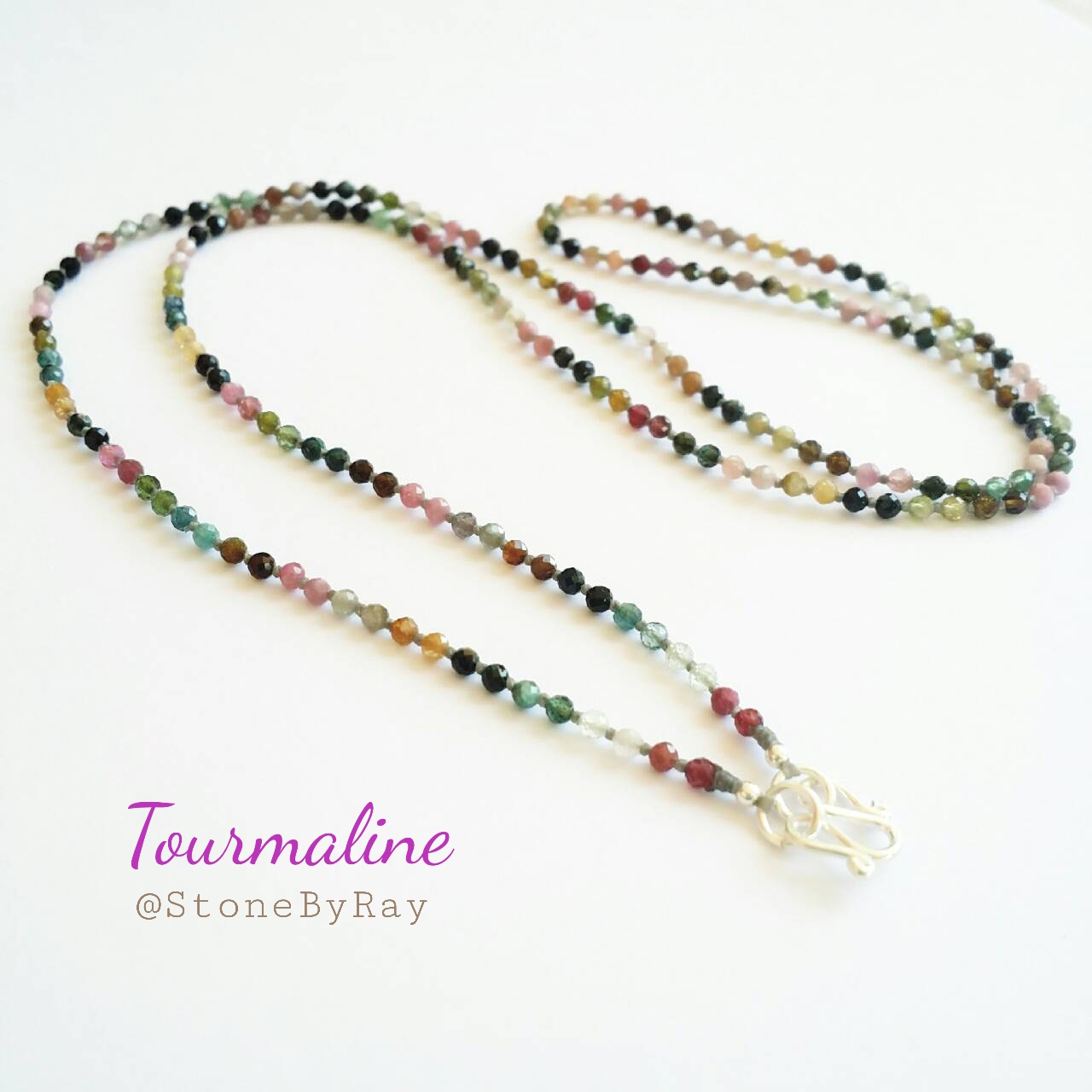 สร้อยคอเชือกถักพลอยทัวร์มาลีนเจียรเหลี่ยม