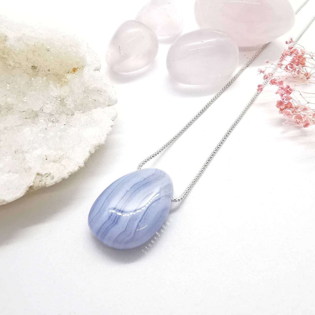 สร้อยคอเงินจี้หินบลูเลซอาเกต Blue Lace Agate