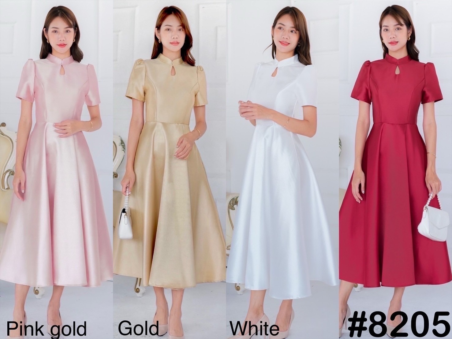 kudapy เดรสสั้นสีแดง/สีชมพู/สีทอง/สีขาว คอจีน รงแขนสั้นบ่าจีบ กระโปรงฟรีสะโพกพริ้วสวย พร้อมกระเป๋าข้าง